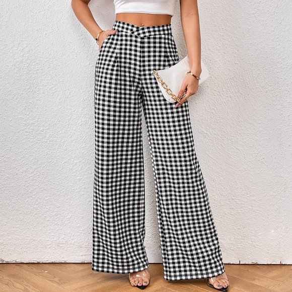 . Denim - Black and White Casual Womens Gingham Print Wide Leg Pants